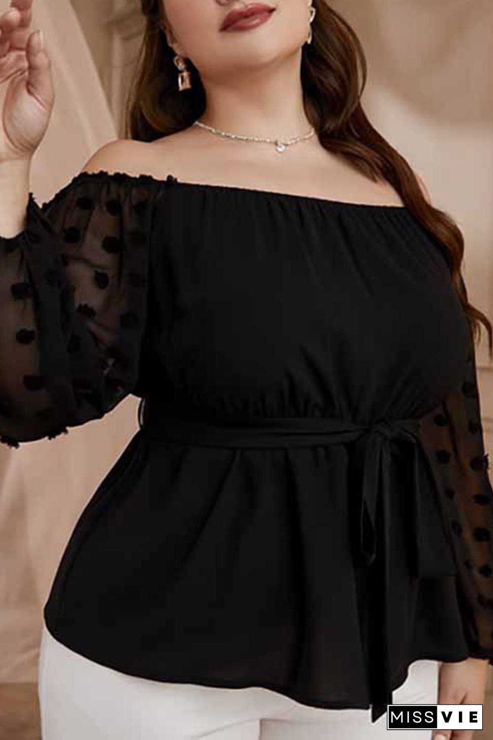 Off Shoulder Waistband Spot Texture Long Sleeves Plus Size Top