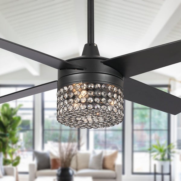 48 in. Indoor Modern Black Crystal Chandelier Ceiling Fan with Remote and Light Kit - Overall: 48