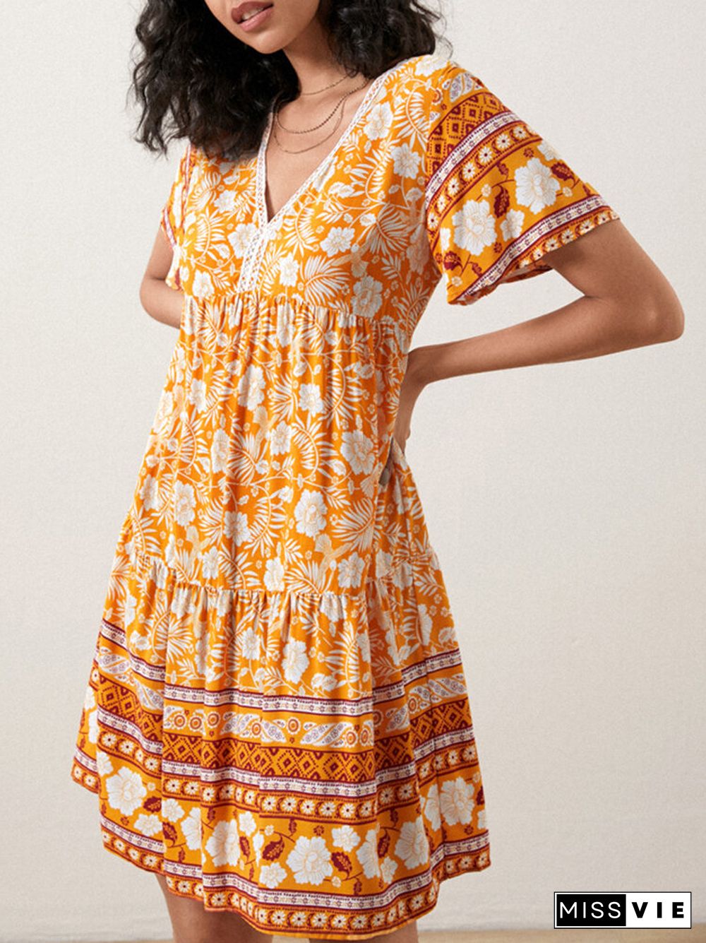 Floral Print High Waist V-neck Short Sleeve Bohemian Dress