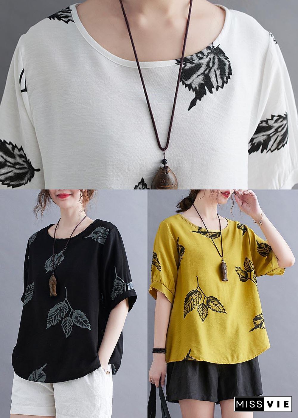 Beautiful White Print leaf Shirt Tops Summer Cotton Linen