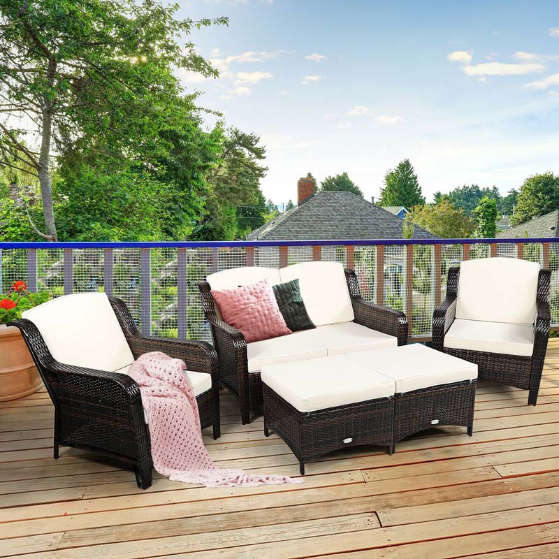 5 Pcs Rattan Wicker Patio Furniture Set with Loveseat, Single Sofas & Ottomans, Outdoor Conversation Sets