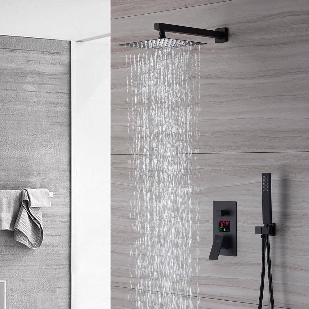 CASAINC 1-Spray Patterns with 2.5 GPM 10 in. Wall Mount Dual Shower Heads with Digital Display in Matte Black M6340-A-10-MB