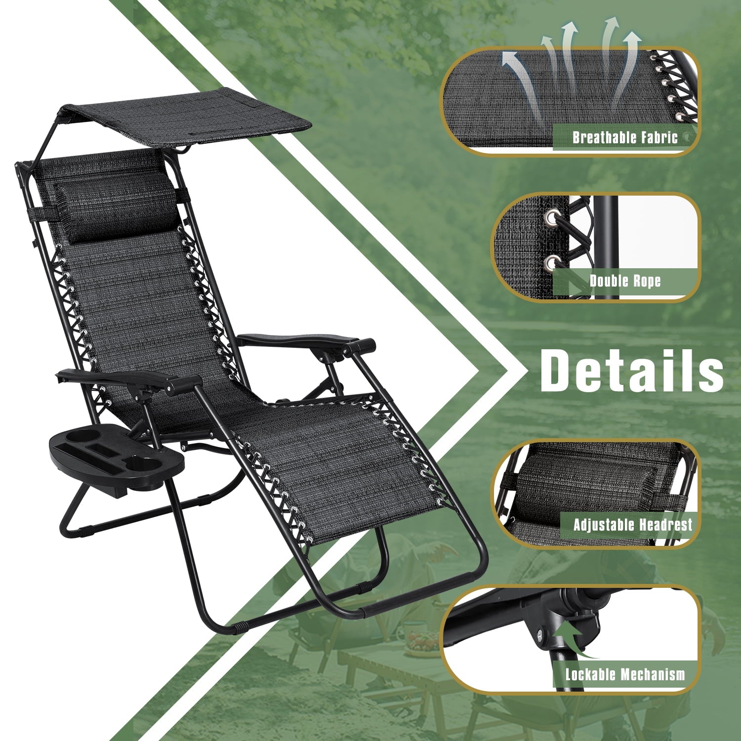 Devoko Patio Zero Gravity Chair Outdoor Folding Recliner Lounge Chair with Attachable Sunshade Canopy and Holder, 1, Black