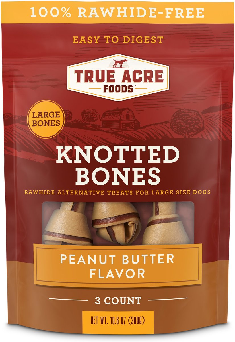 True Acre Foods Rawhide-Free Knotted Bones Peanut Butter Flavor Treats， Large， 3 count