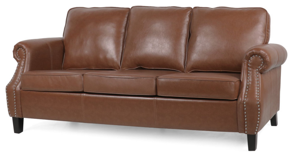 3 Seat Sofa  PU Leather Seat  ampRolled Slanted Arms With Nailhead   Transitional   Sofas   by Decorn  Houzz