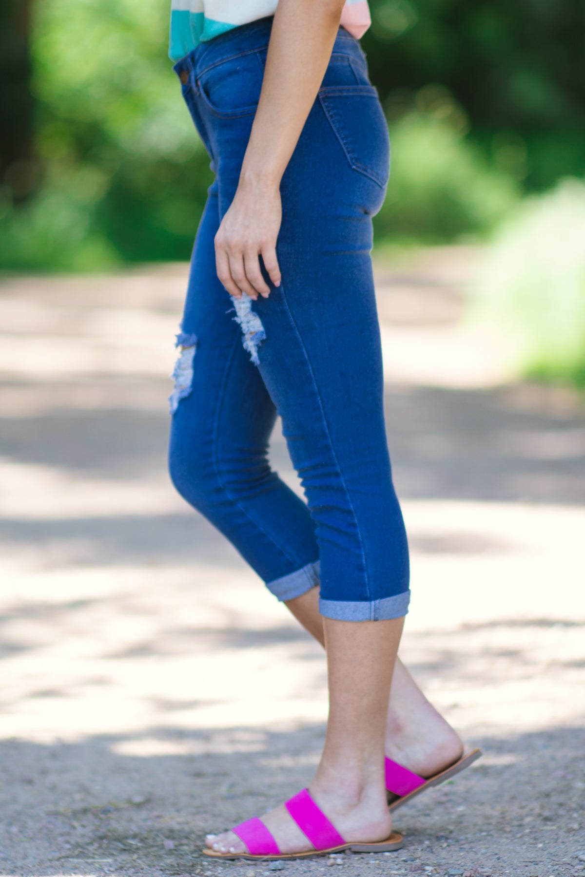 Medium Wash Distressed Capris
