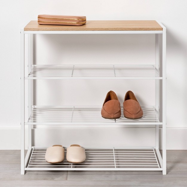 4 Tier Shoe Rack White Metal With Natural Wood