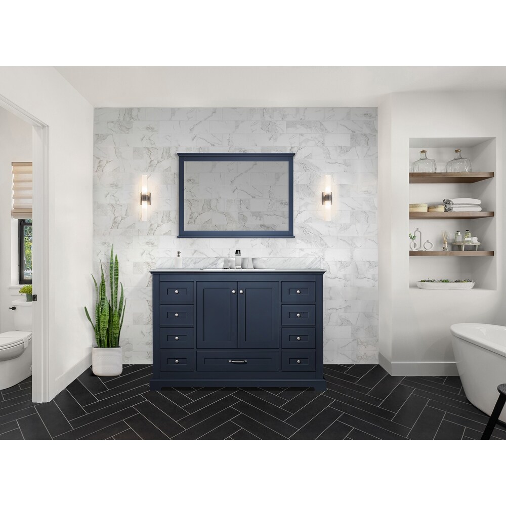 Dukes 48 in. W x 22 in. D Navy Blue Single Bath Vanity  Carrara Marble Top  Faucet Set  and 46 in. Mirror