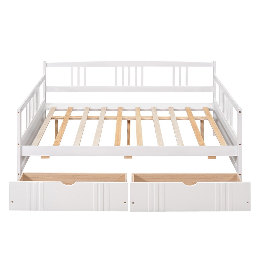 Twin Size Wood Daybed with 2 Storage Drawers and 3 Side Guardrail  Wood Kid's Bed with Wood Slats for Bedroom