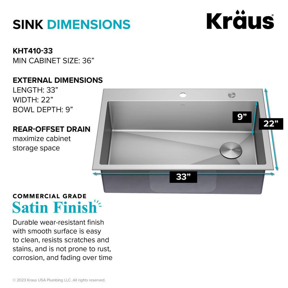 KRAUS Loften UndermountDrop-In Stainless Steel 33 in. 1-Hole Single Bowl Kitchen Sink KHT410-33