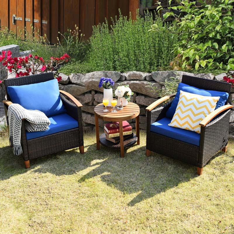 3 Pcs Patio Furniture Set Outdoor Rattan Sofa & Side Table Conversation Bistro Set with Acacia Wood Frame