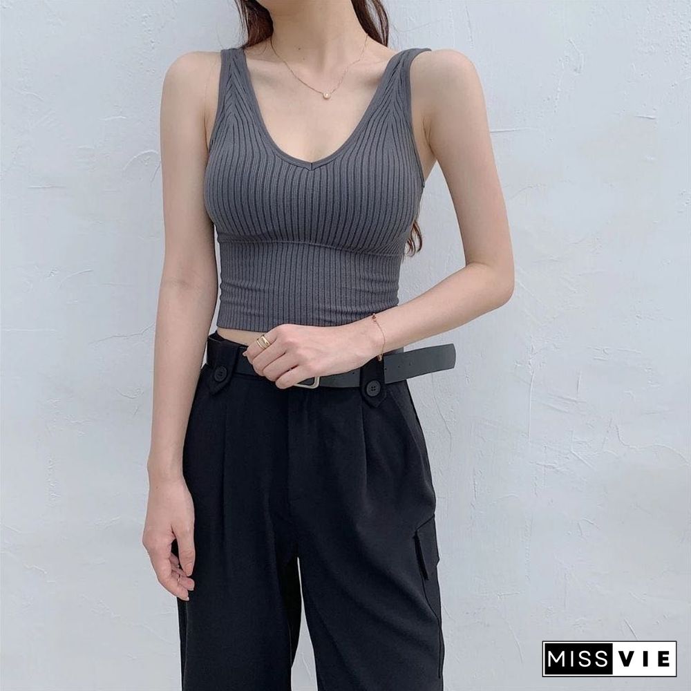 Pearl Diary Bra Tops Summer V Neck Rib Crop Tank Top With Detachable Bra Pads Sleevelss Solid Color Backless Sporty Bra Top