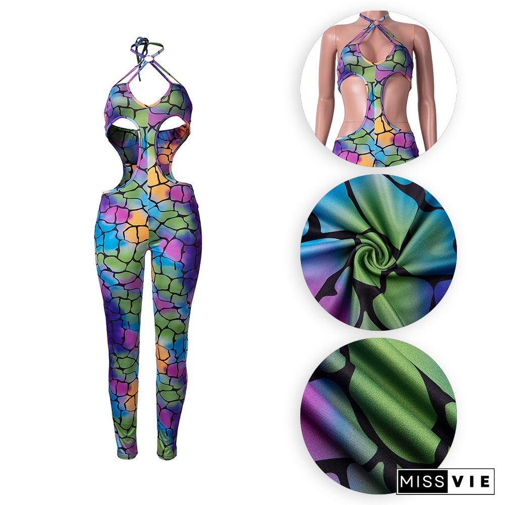 Sexy Fashion Women Digital Print Sleeveless Halter Hollow Out Bodycon Party Club Streetwear Jumpsuits