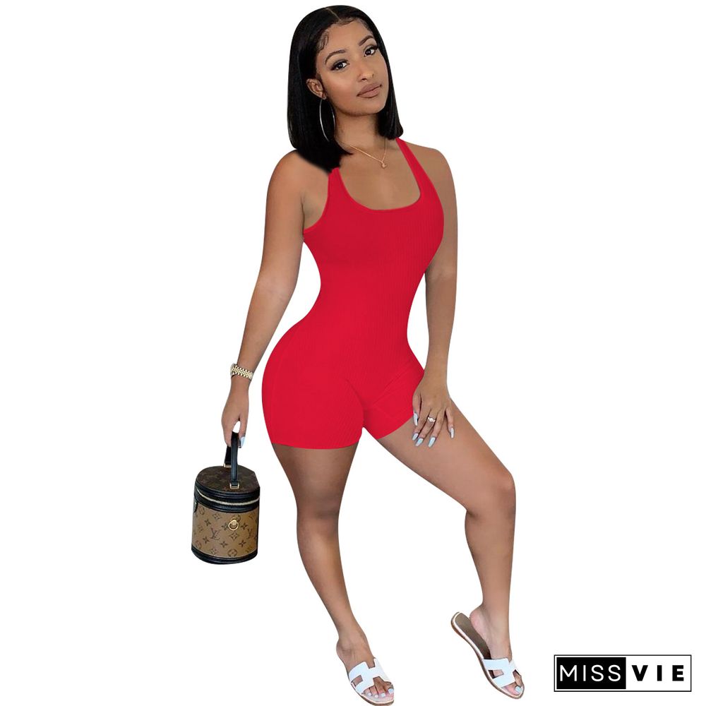 Summer Sexy Solid Color Knitted Sleeveless Mid Waist Bodycon Womens Fitness Vest Romper