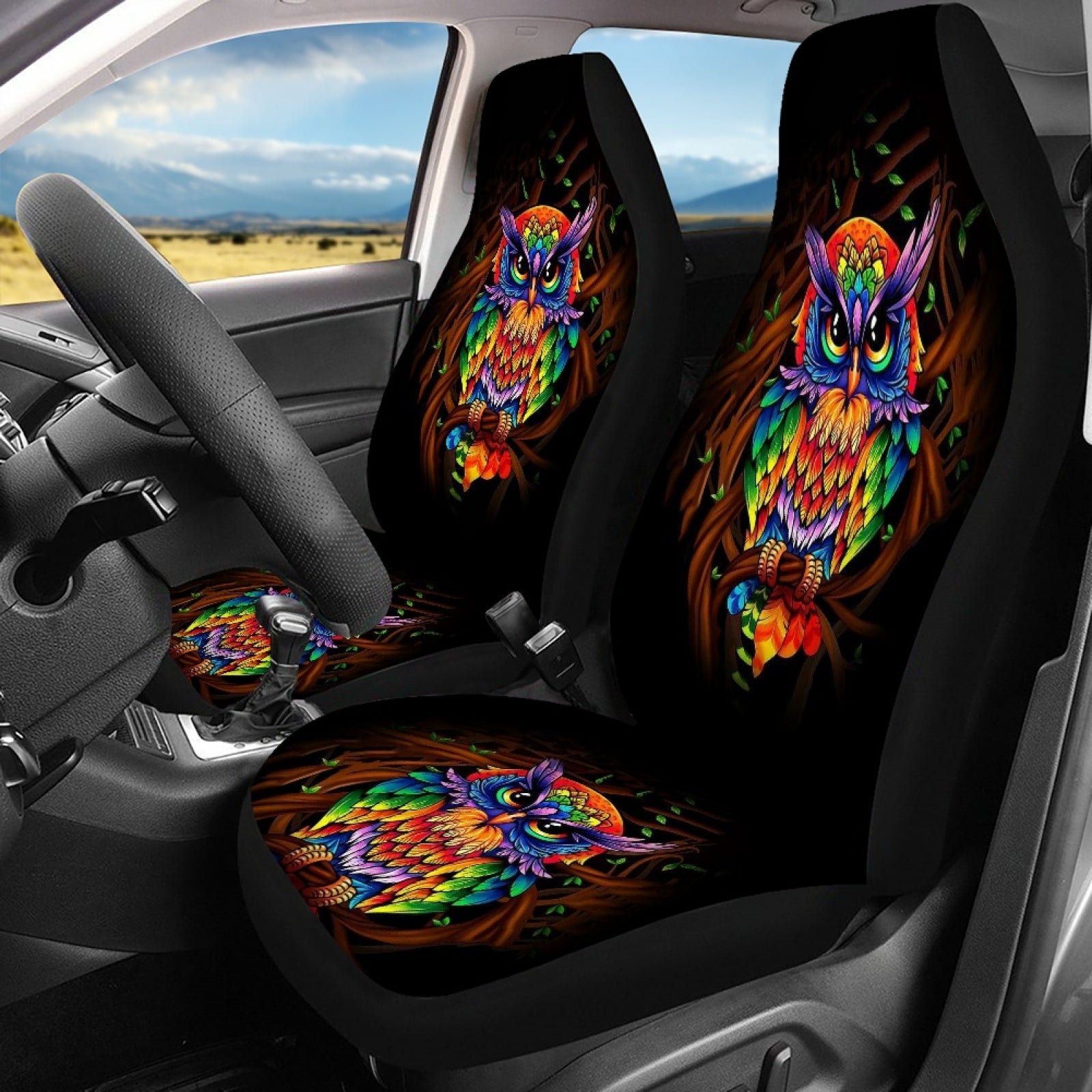 NETILGEN Colorful Owl Pattern Car Covers Set 2 Pieces Set Non Slip Saddle Blanket Universal Auto Cover for Vehicle Interior Protector All Weathers