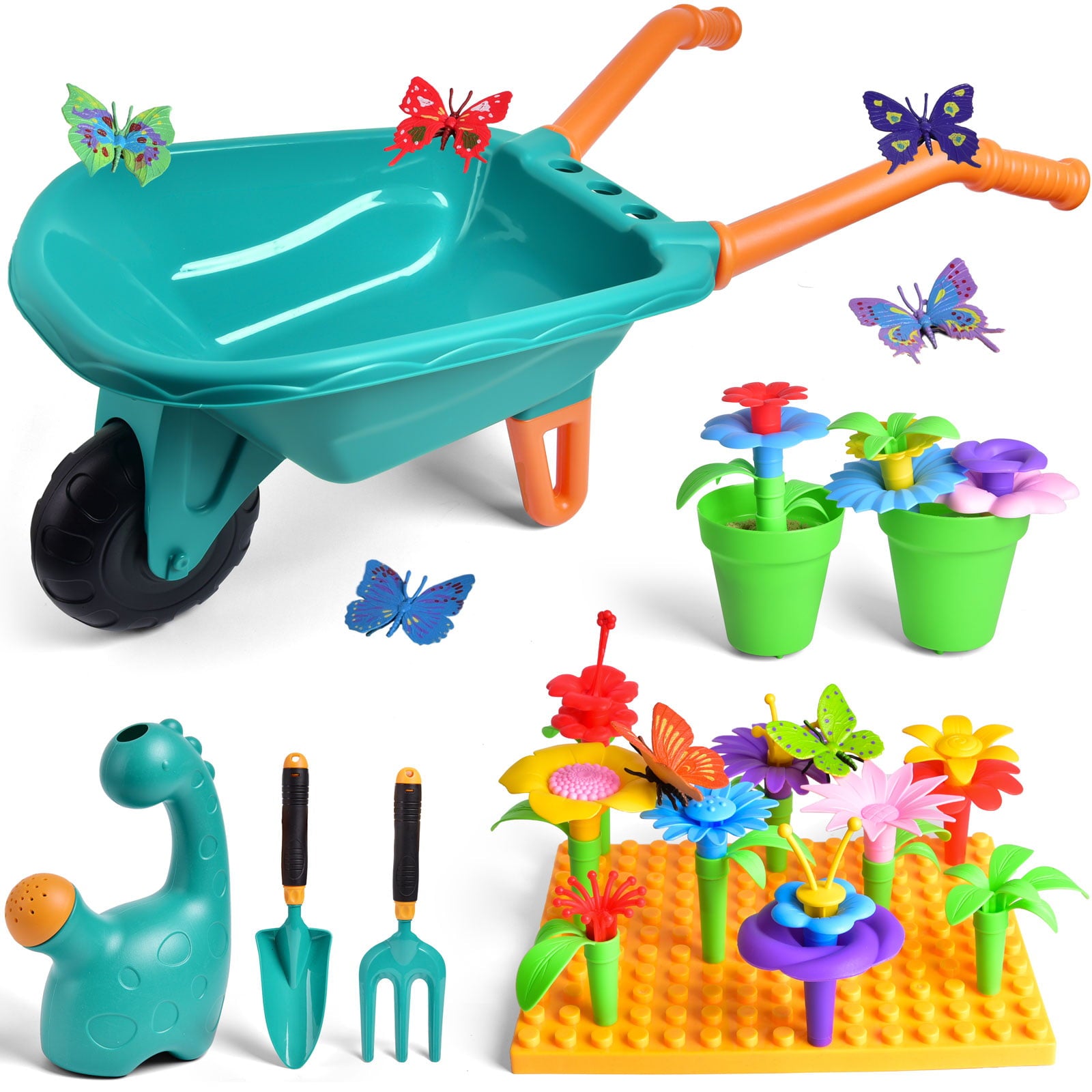 Fun Little Toys Kids Toddler Flower Gardening Building Tool Set，Kids Wheelbarrow Watering Can Pretend Educational Play Stem Toys Outdoor Indoor Toy for Ages 2 3 4 5 6 7 8