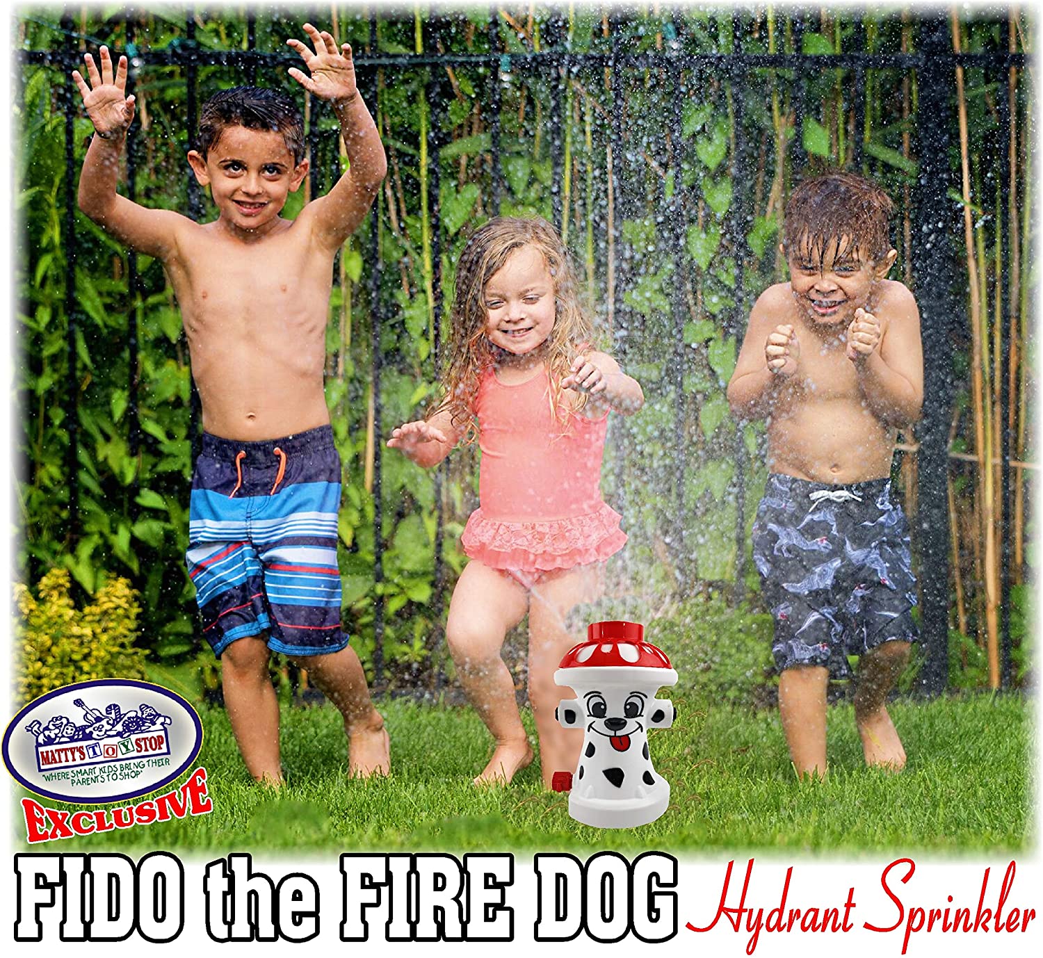 Matty's Toy Stop FIDO The FIRE Dog Hydrant Water Sprinkler for Kids， Attaches to Standard Garden Hose and Sprays Up to 10 Feet High and 16 Feet Wide， Measures 10.75