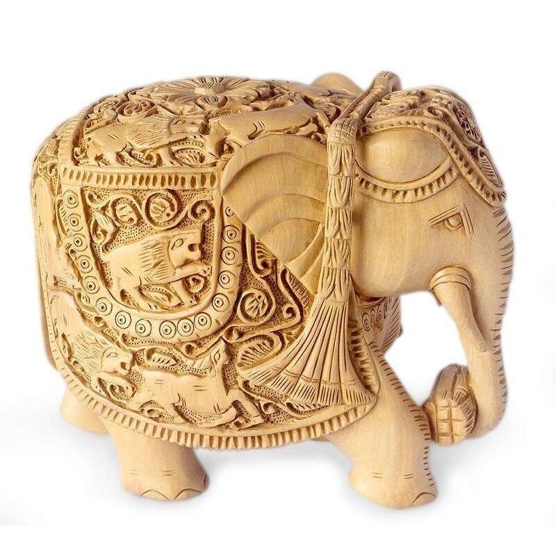 Handmade Elephant Goes Hunting Wood Sculpture (India)   6\