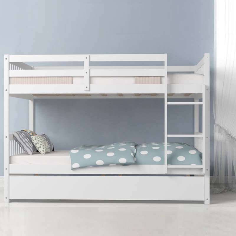 Solid Wood Full Over Full Bunk Bed Frame with Trundle, Safety Ladder & Guardrails, Convertible Bunk Bed for Kids Teens