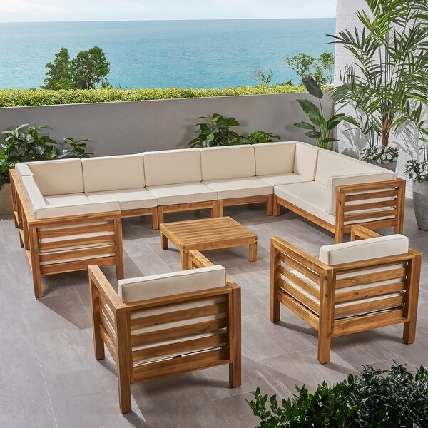 Oana Outdoor 11 Seater Acacia Wood Sectional Sofa and Club Chair Set by Christopher Knight Home