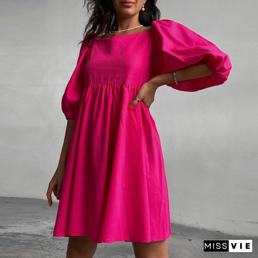 Sexy Elegant Puff Sleeve Pleat A-Line Beach Dress Casual Summer Loose Cover-Ups Fashion Women Square Collar Solid Sundress