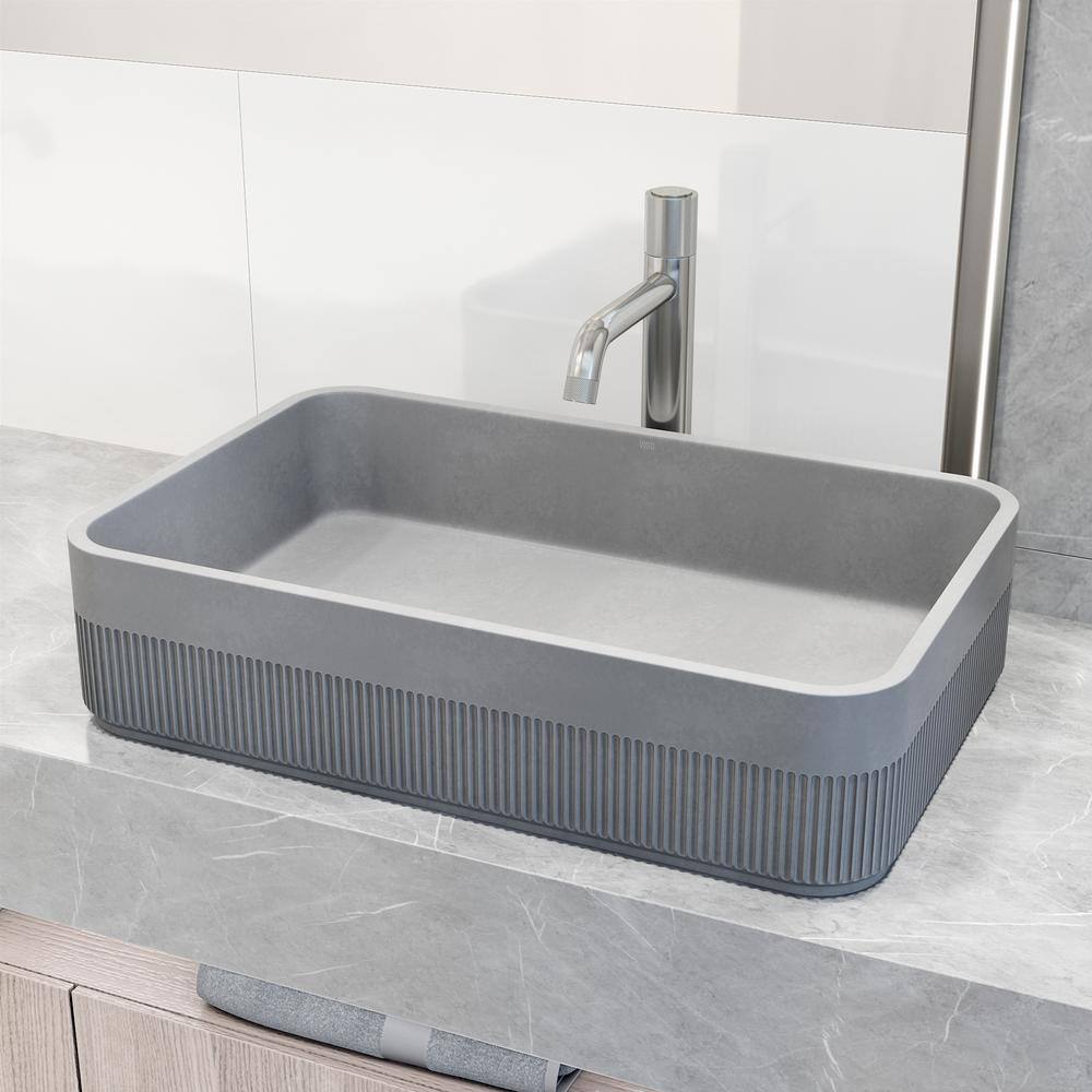 VIGO Cypress Modern Gray Concreto Stone 21 in. L x 14 in. W x 5 in. H Rectangular Fluted Bathroom Vessel Sink VG04075