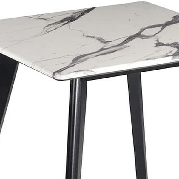 Square Faux Marble Top End Table with Angled Wooden Legs， White