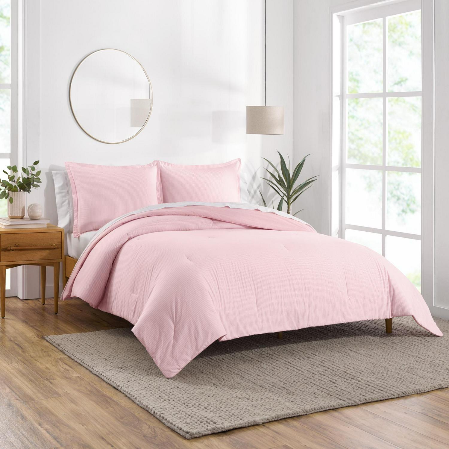 Gap Home Yarn Dyed Washed Chambray Stripe Reversible Organic Cotton Comforter Set， Full/Queen， Blush， 3-Pieces