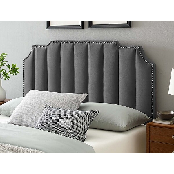 Littleton Channel Tufted Charcoal Velvet Upholstered Twin Size Headboard with Nailhead Trim - - 34139020