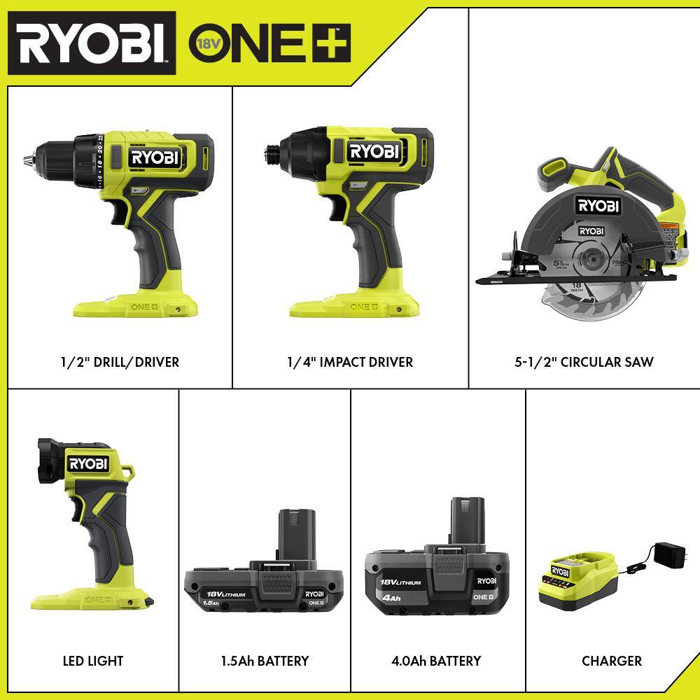 RYOBI ONE+ 18V Cordless 4-Tool Combo Kit with 1.5 Ah Battery 4.0 Ah Battery and Charger PCL1400K2