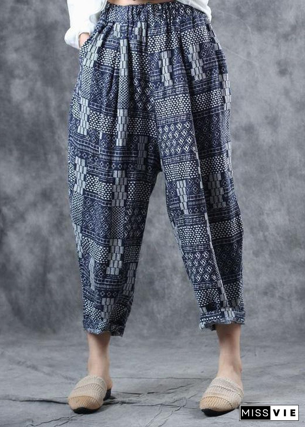 fall new blue prints women pants linen blended elastic waist harem pants