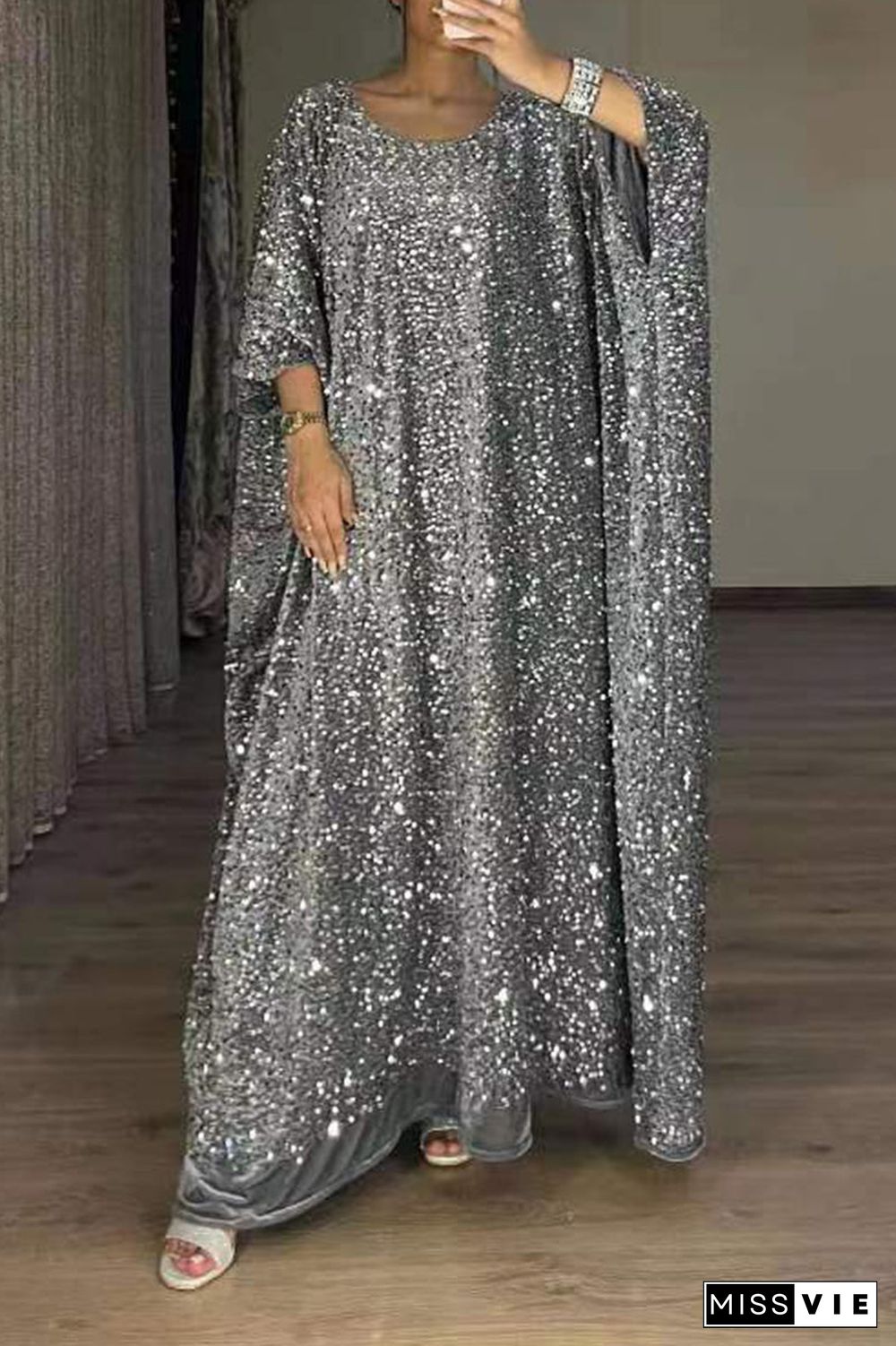 College Solid Sequins Sequined U Neck Long Sleeve Dresses