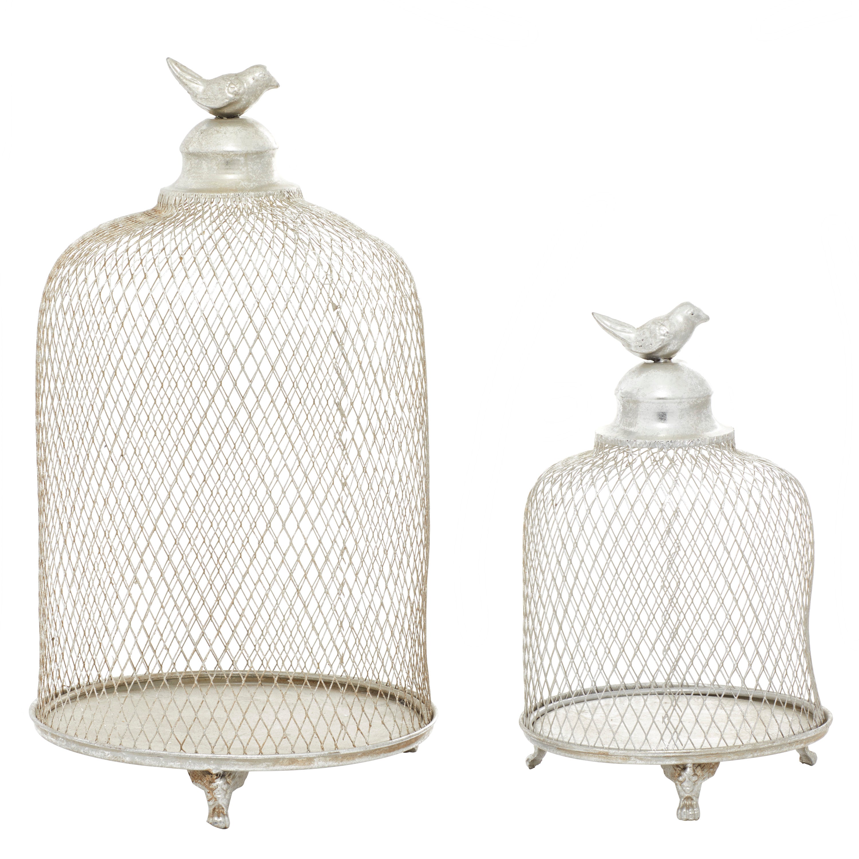 DecMode 2 Holder Silver Metal Bird Cage Style Cloche Candle Lantern with Elevated Stand， Set of 2