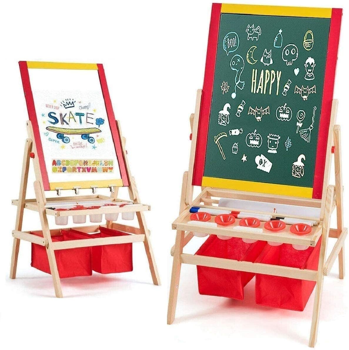 Costzon 3 in 1 Kids Art Easel with Paper Roll, Double Sided Adjustable Chalkboard & White Dry Erase with 4 Drawing Board Clips