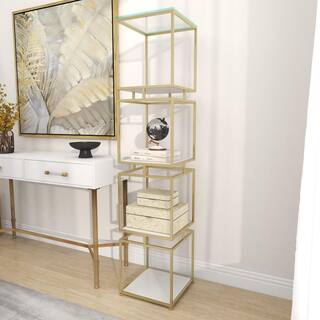 Litton Lane Metal Stationary Gold Cube Shelving Unit with 4 Marble Shelves 040244