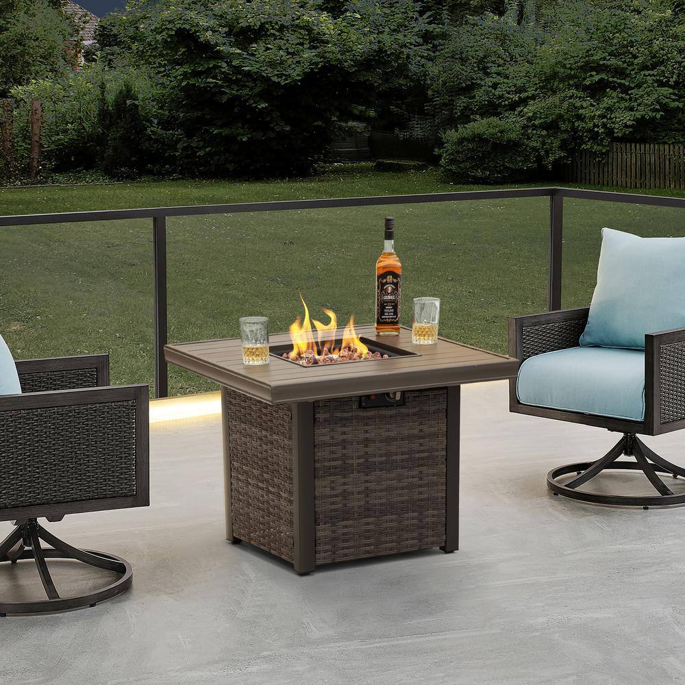 Nuu Garden 32 in. Square Wicker Fire Pit Table Outdoor Propane Gas Fire Pit Table Brown AF018