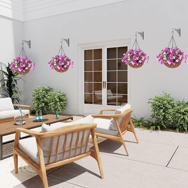 Artificial Silk Flowers Hanging Baskets Outdoors，Chrysanthemum with Eucalyptus Leaves in Metal Coconut Lining Flowerpot