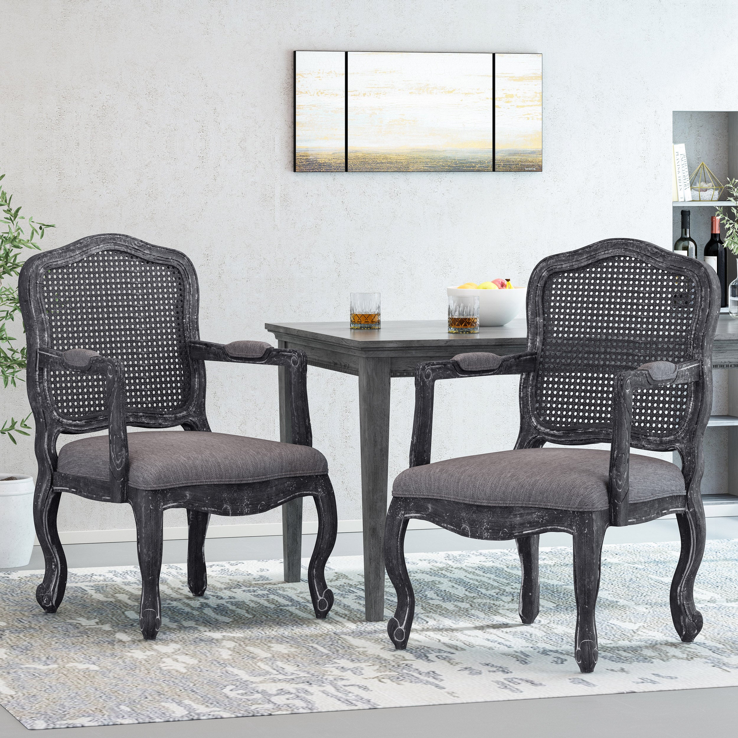 Biorn French Country Wood and Cane Upholstered Dining Armchair