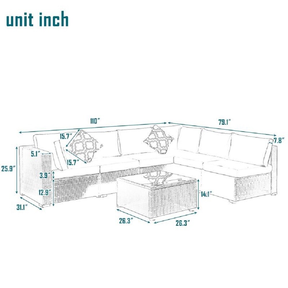 Outdoor Garden Patio Furniture 7 Piece PE Rattan Wicker Sectional Cushioned Sofa Sets with 2 Pillows and Coffee Table