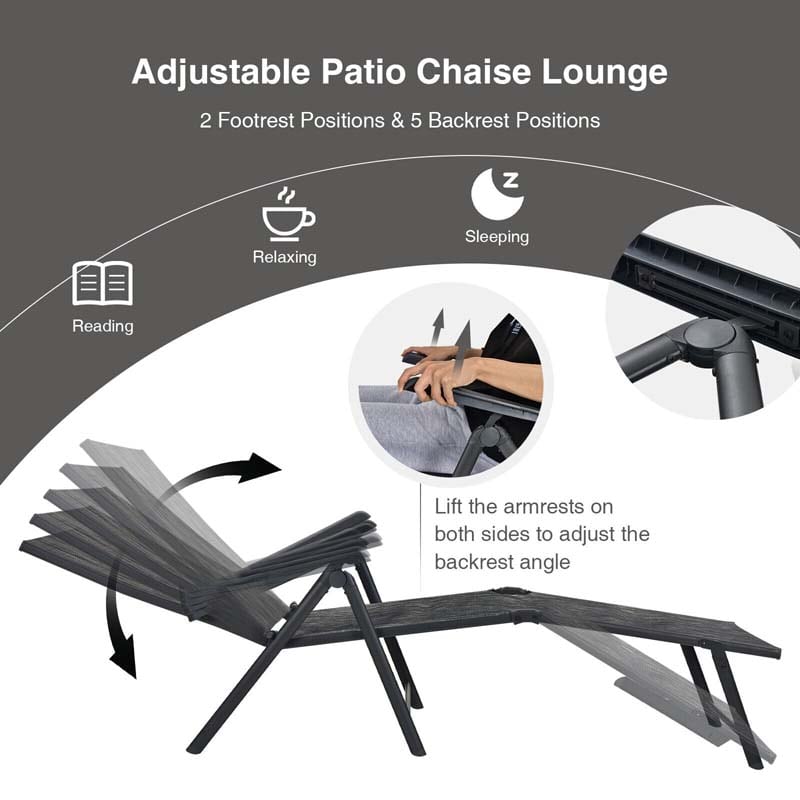 2 Pcs Folding Chaise Lounge Chair with 5-Position Backrest & 2-Position Footrest, Fabric Seat Sun Lounger for Pool Deck Beach