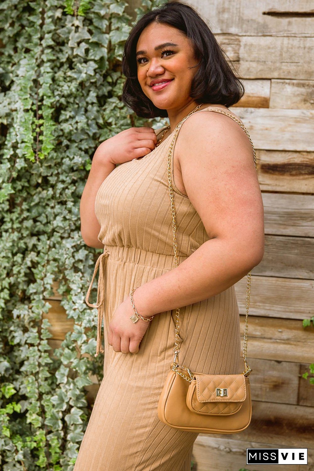 Apricot Ribbed Drawstring Waist Plus Size Sleeveless Jumpsuit