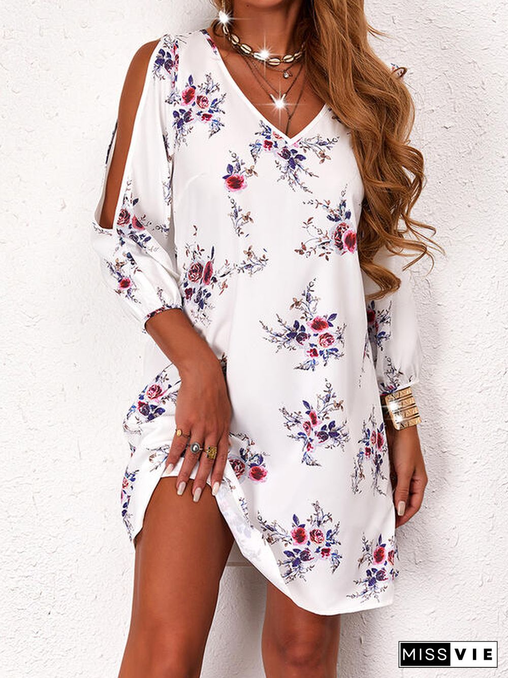 Floral V Neck Three Quarter Casual Long sleeve Woven Dress