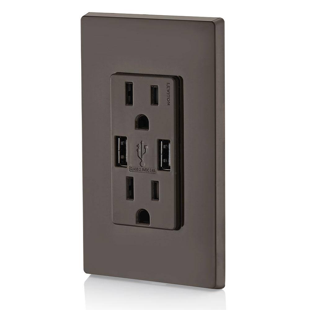 Leviton 3.6A USB Dual Type A In-Wall Charger with 15 Amp Tamper-Resistant Outlets Brown R06-T5632-0BB