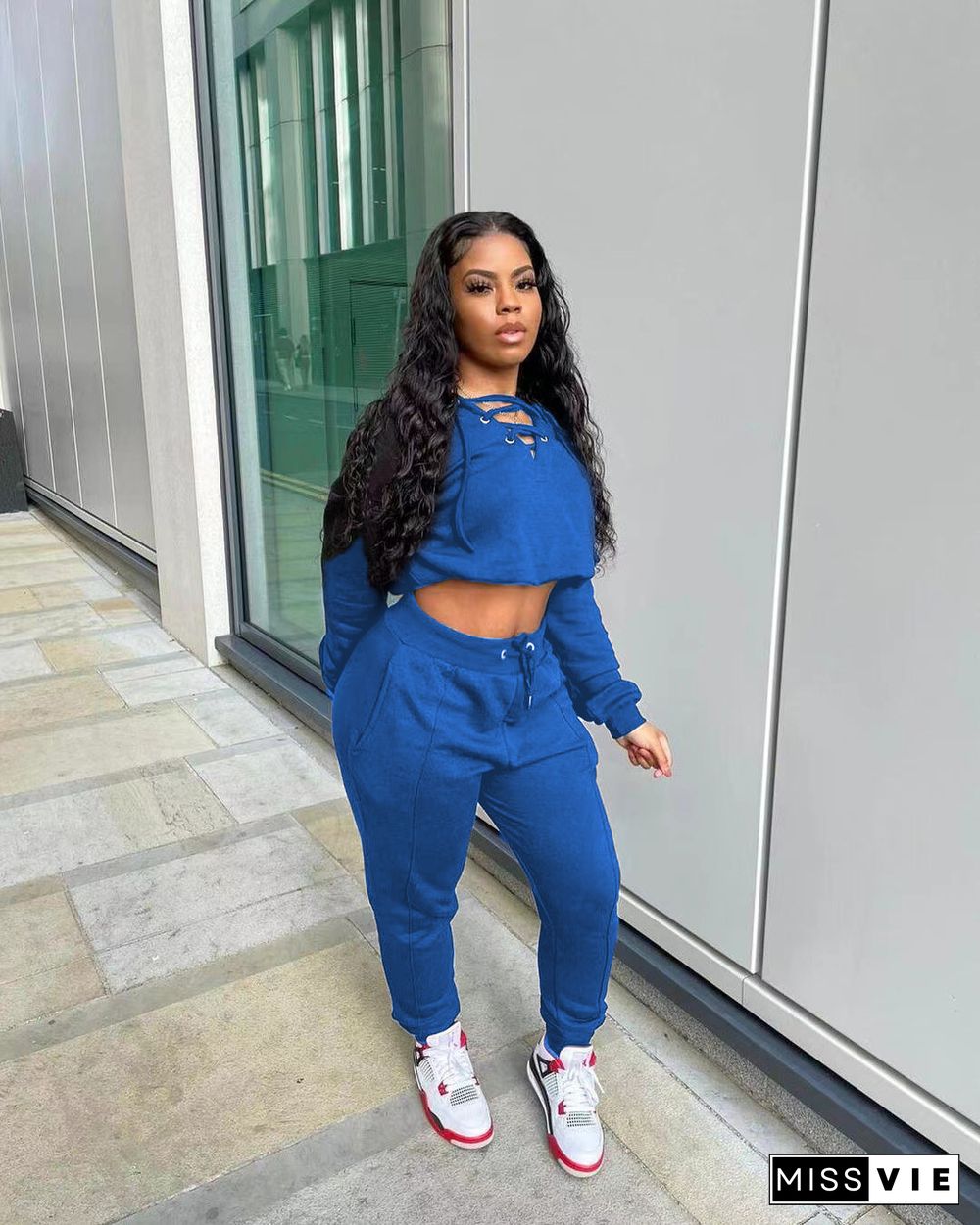 Long Sleeve Bandage Crop Top Sweatpants Set