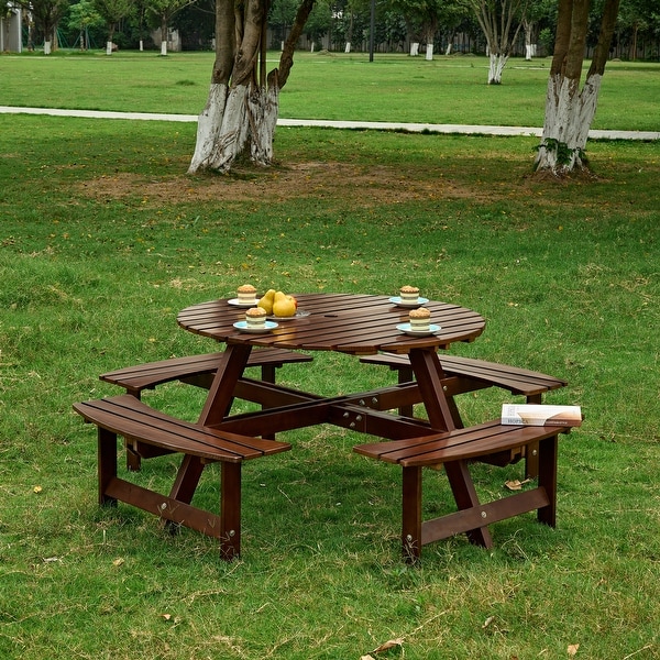 Outdoor 8 Person Picnic Table，8 person Round Picnic Table with 4 Builtin Benches，Umbrella Hole，Outside Table and Bench Set