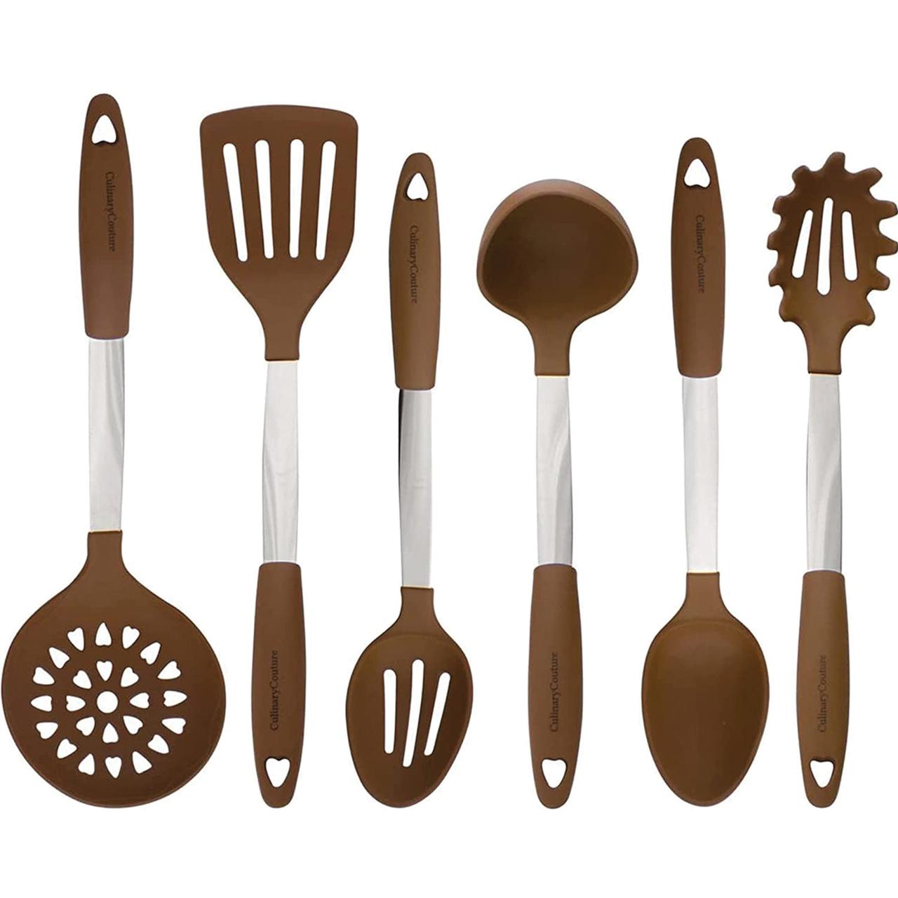 Culinary Couture Kitchen Utensils Set Cooking Essentials Silicone & Stainless Steel Set of 6 Brown