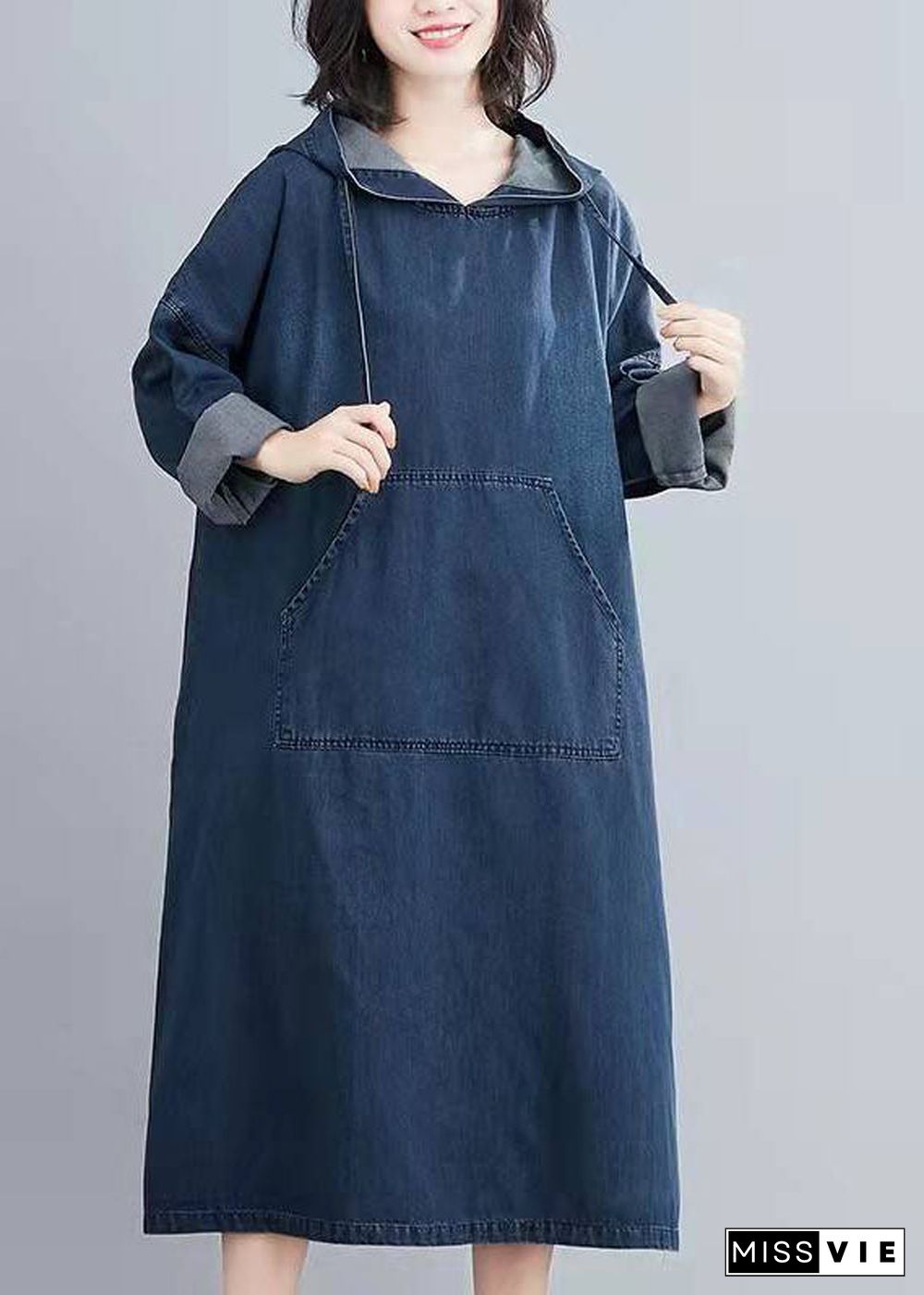 Italian Hooded Pockets Spring Clothes Women Denim Blue Traveling Dresses