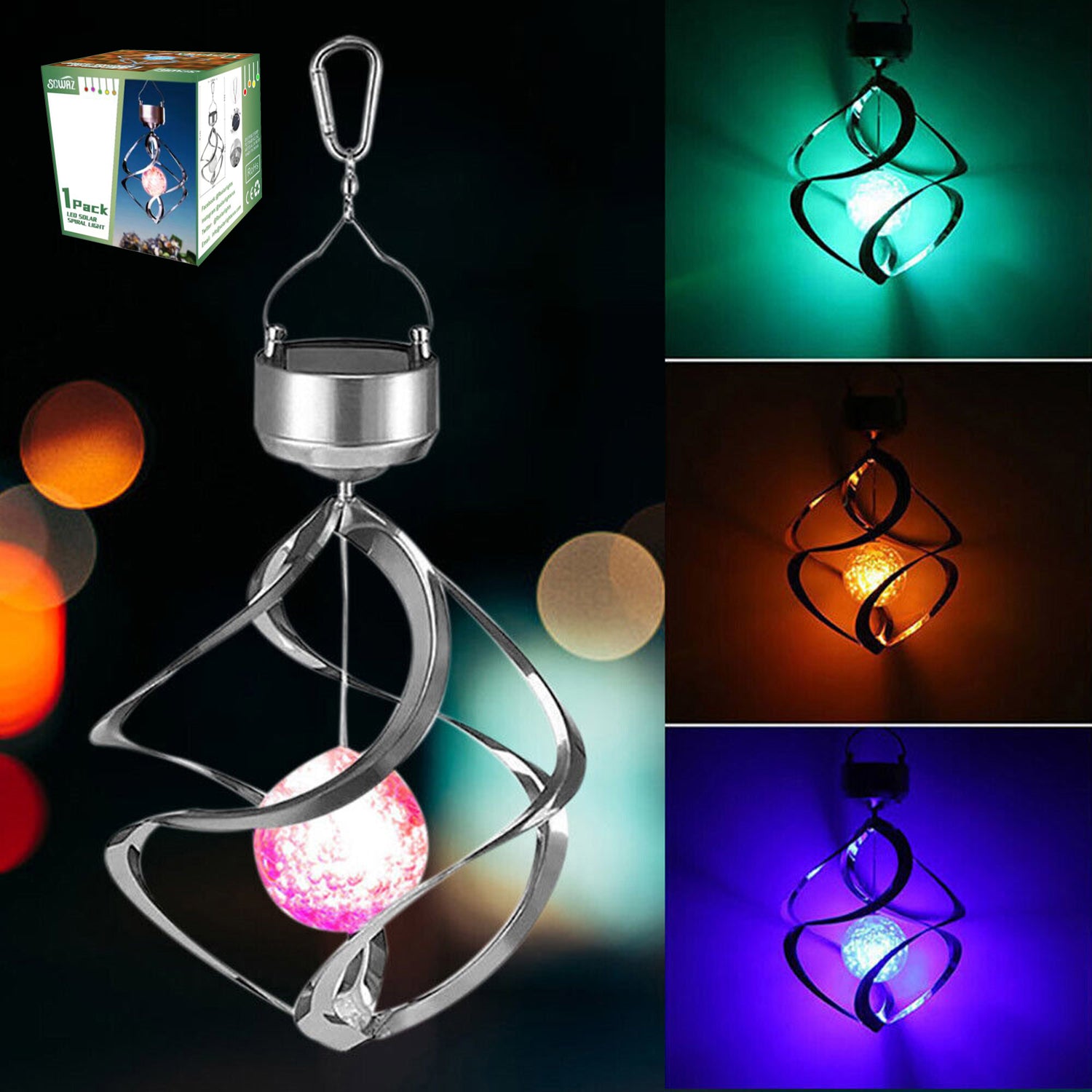 Sowaz 14 in. LED Solar Revolving Wind Chimes Hanging Spiral Solar Lights Outdoors Garden Home Lawn Patio Multi Color Changing