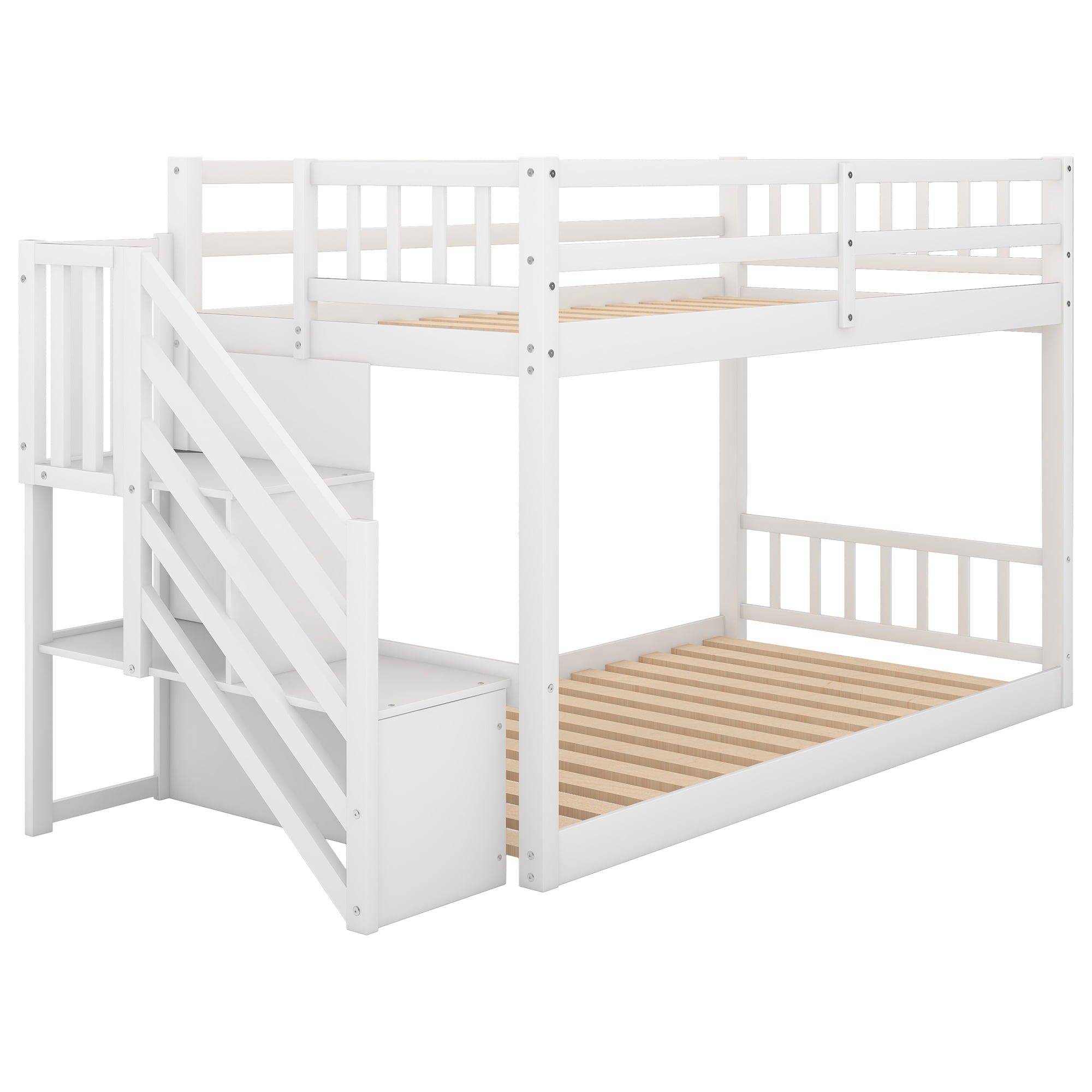 Euroco Wood Twin over Twin Floor Bunk Bed with Stairs for Kids Room, White