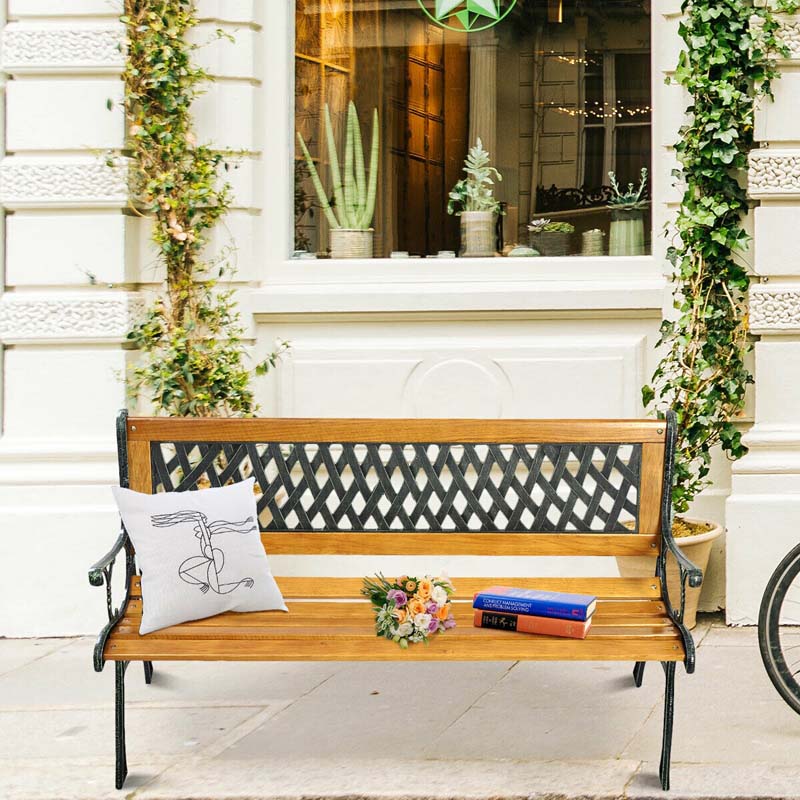 Large Cast Iron Outdoor Bench Seat, Weatherproof Wooden Garden Bench for Patio Park Porch